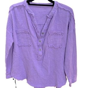 NWOT Purple Button-Up Textured High Lo Blouse, Raw Edging, Distressed Hem